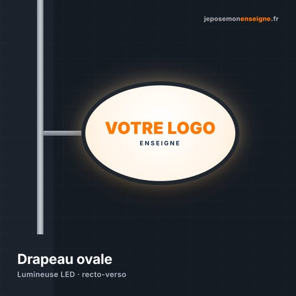 Enseigne drapeau lumineuse ovale sur potence murale