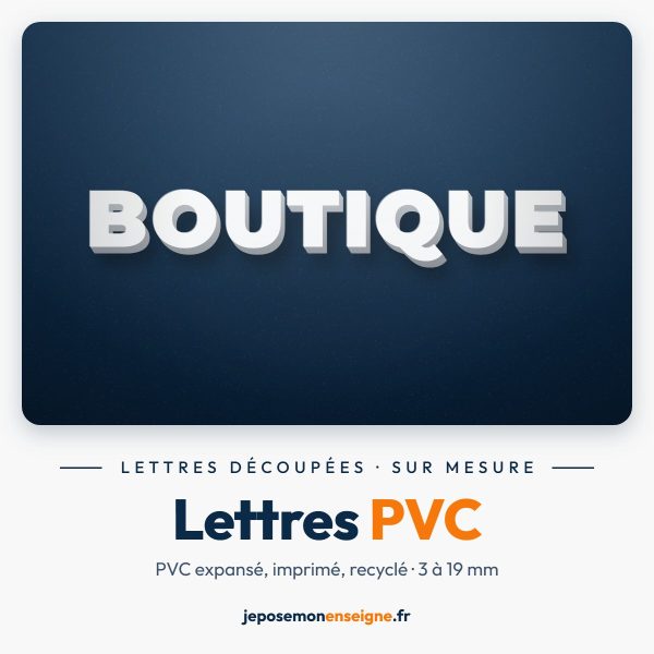 Lettres PVC découpées blanches sur façade bleu marine — jeposemonenseigne.fr