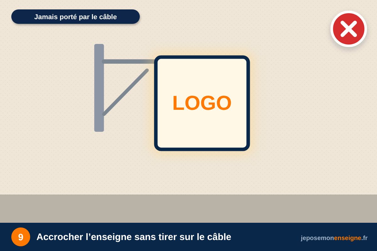 Accrocher l’enseigne sans tirer sur le câble – Drapeau lumineux : passer l’alimentation proprement