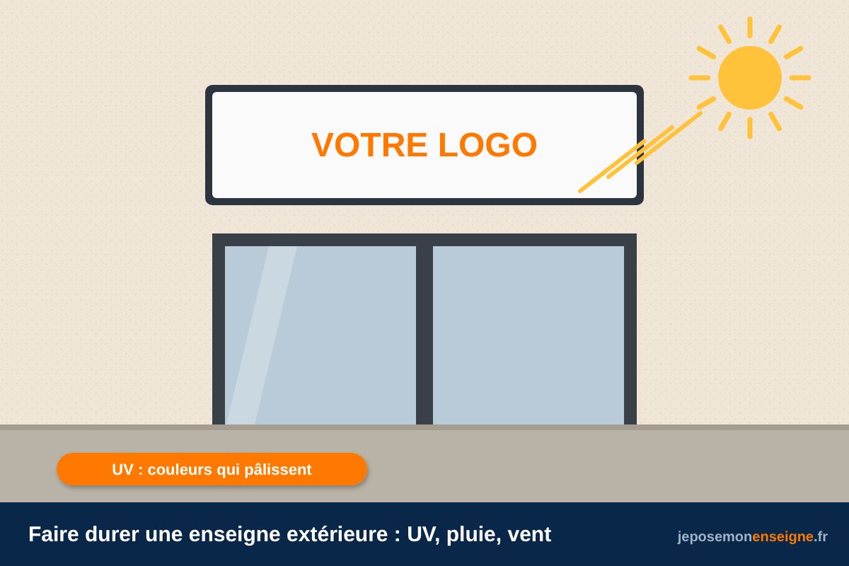 Faire durer une enseigne extérieure : UV, pluie, vent