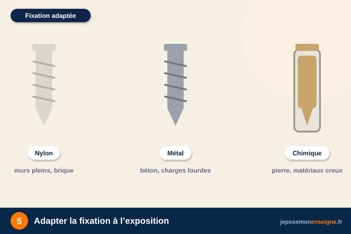 Adapter la fixation à l’exposition – Faire durer une enseigne extérieure : UV, pluie, vent