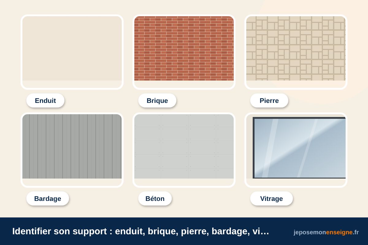 Identifier son support : enduit, brique, pierre, bardage, vitrage, tôle