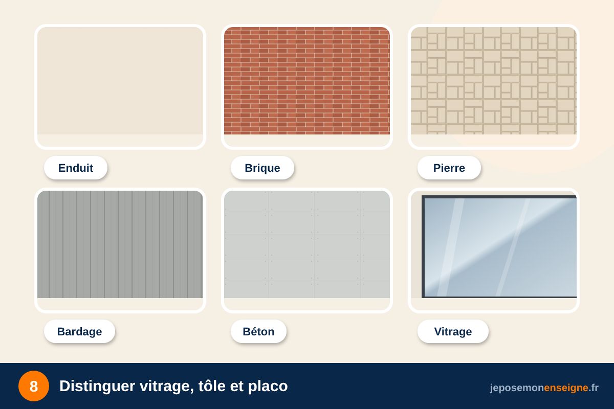 Distinguer vitrage, tôle et placo – Identifier son support : enduit, brique, pierre, bardage, vitrage, tôle