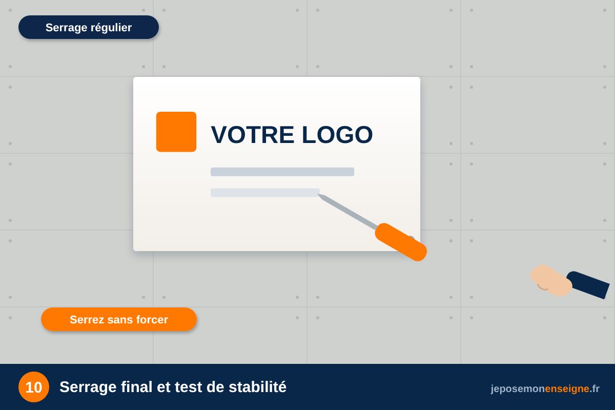 Serrage final et test de stabilité – Comment poser une enseigne 3D sur socle