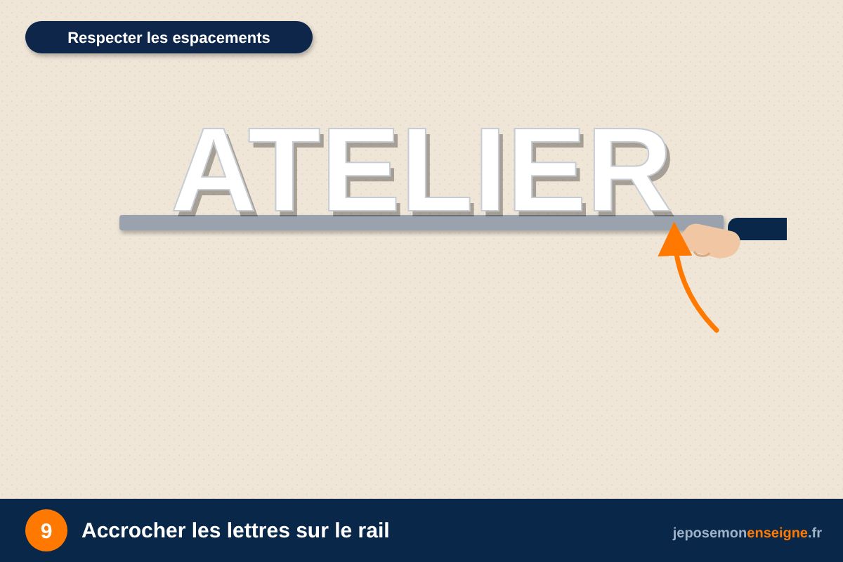 Accrocher les lettres sur le rail – Comment poser une enseigne en lettres sur rail