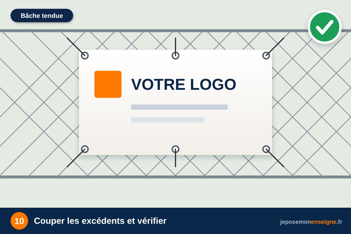 Couper les excédents et vérifier – Comment poser un panneau PVC souple avec œillets