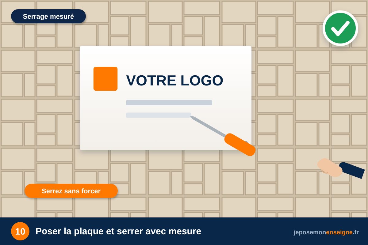 Poser la plaque et serrer avec mesure – Comment poser une plaque professionnelle en Plexiglas sur entretoises