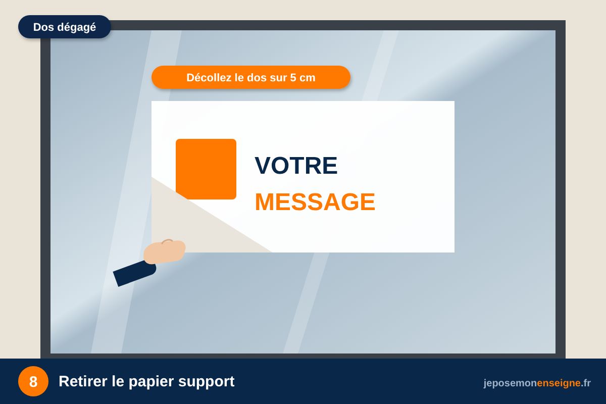 Retirer le papier support – Vitrophanie : poser à l’intérieur, lire de l’extérieur